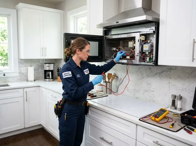 Appliance Repair Hero technician testing an over-the-range microwave in a Atco, NJ kitchen